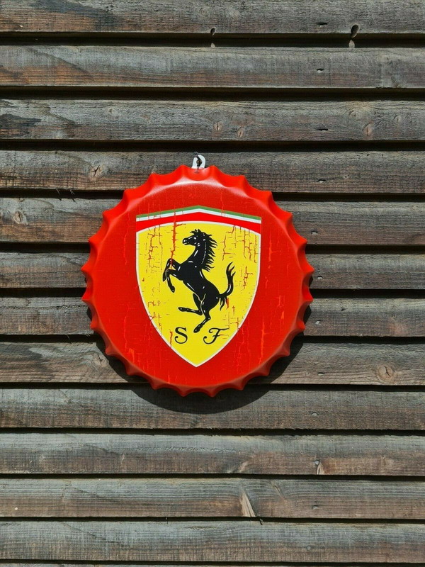 Wall Art/sign Ferrari /Vintage Tin Metal 35cm Bottle Top Bar Pub hand made