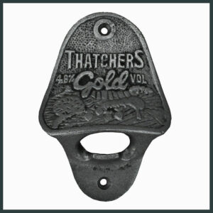 ANTIQUE THATCHERS GOLD CAST IRON BAR WALL MOUNTED BOTTLE OPENER