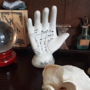 7″ palmistry hand- crackle glaze finish black lettering details