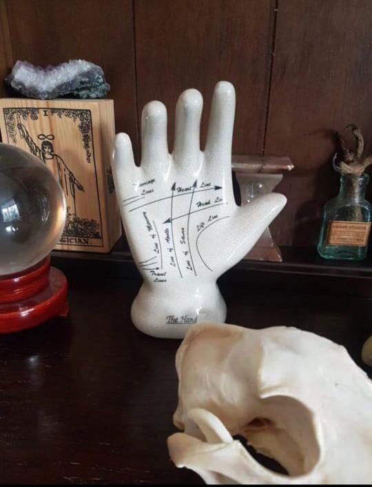 7" palmistry hand- crackle glaze finish black lettering details