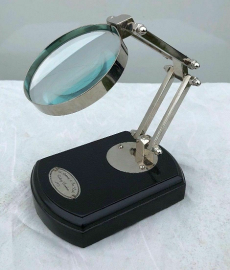 Adjustable 3" Magnifying Glass With  Wood Base Solid Brass with Nickle Finish Perfect Gift