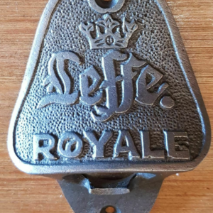 ANTIQUE LEFFE ROYALE CAST IRON BAR WALL MOUNTED BOTTLE OPENER