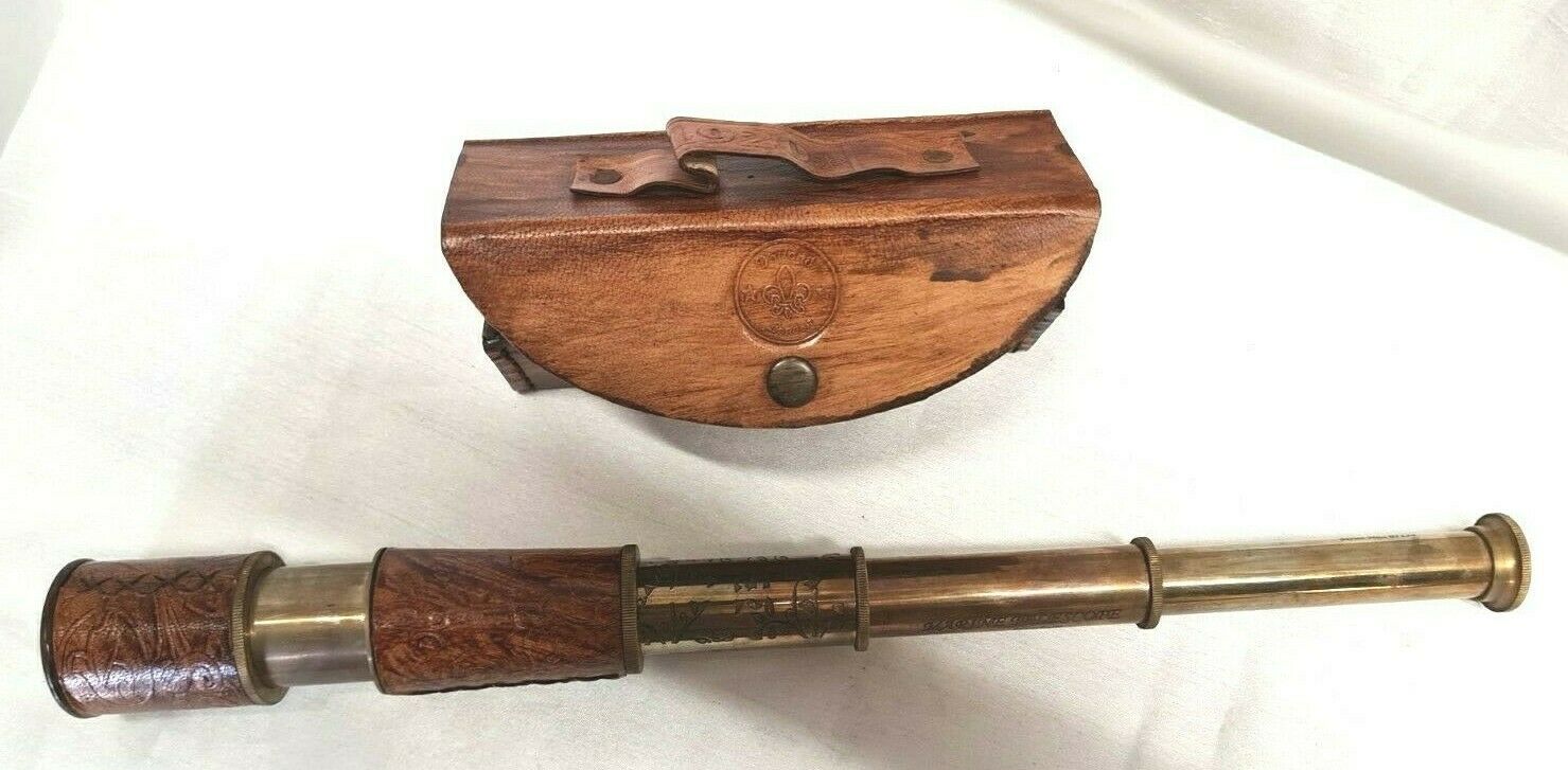 Brass Nautical Telescope with Leather Sheathed Marine Time Vintage Antique 16''