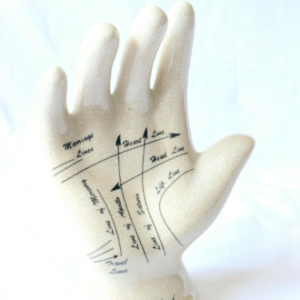 7″ palmistry hand- crackle glaze finish black lettering details