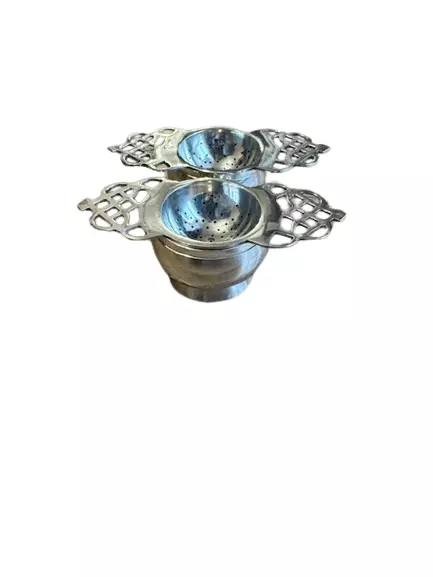 Pair of Victorian silver plated tea strainers (double handle)
