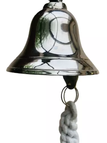 Solid 4 Inch Nickle Finish Ship Pub Door Bell With Mounting Bracket and Lanyard