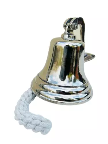 Solid 6 Inch Nickle Finish Ship Pub Door Bell With Mounting Bracket and Lanyard